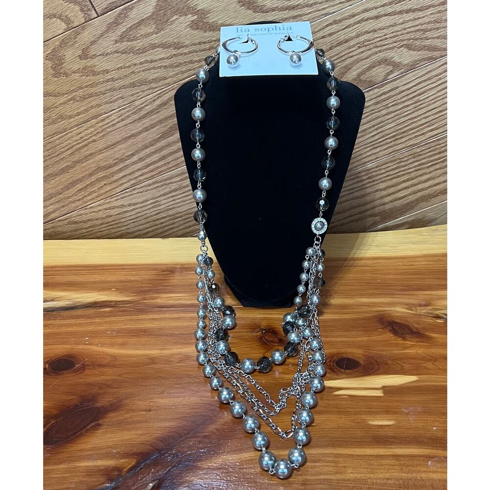 Lia Sophia Faux Pearl Necklace & Earrings Set NEW‎ Silver Tone Layered Statement